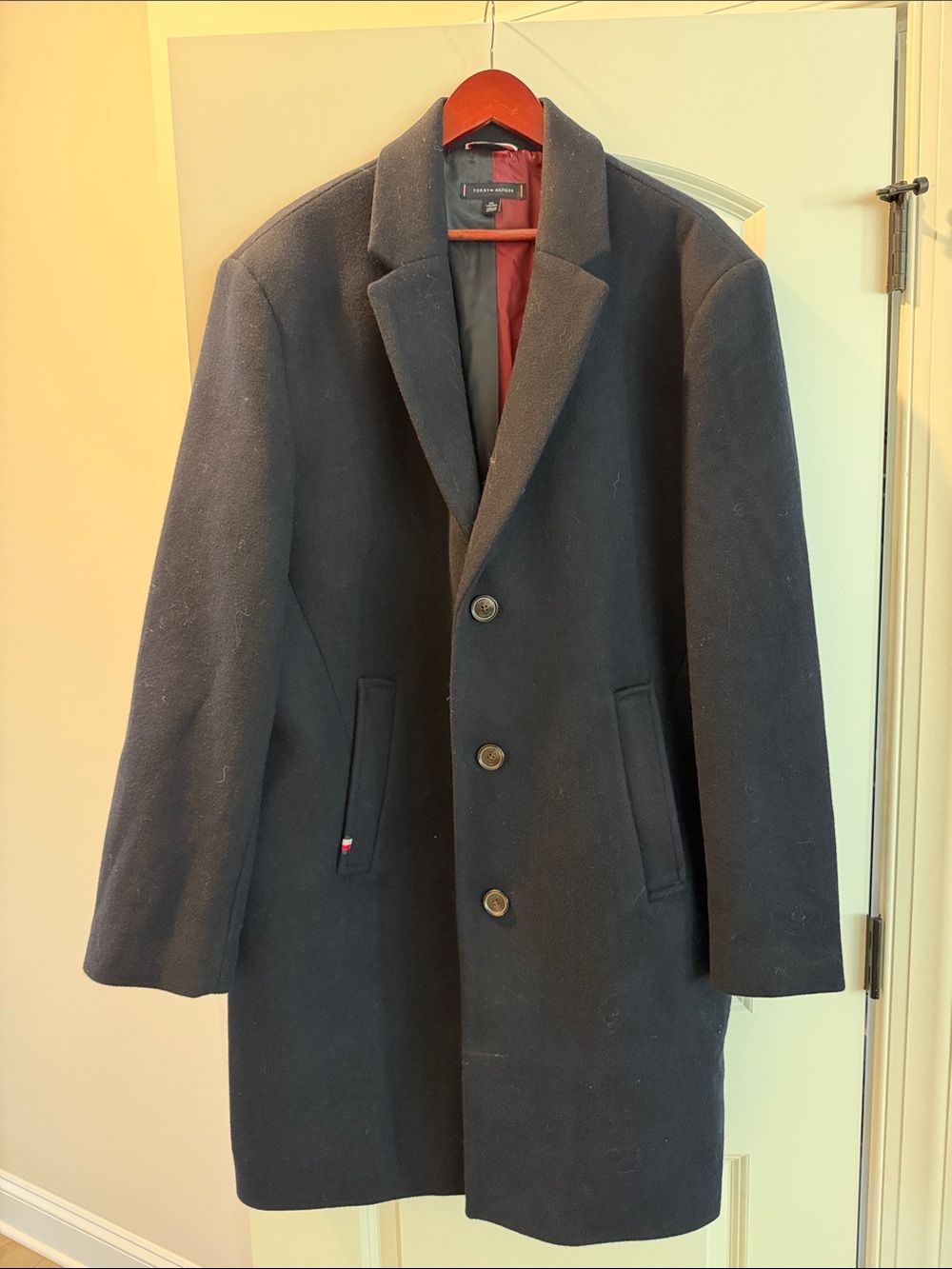 Tommy Hilfiger Navy Wool Blend Pea Coat with Maroon Lining